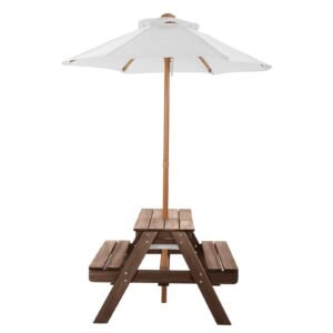 Kids Picnic Table with Umbrella, 3-in-1 Sand & Water Table, Outdoor Wooden Table and Bench Set with 2 Trays, 4-People Patio Dining Furniture for Garden, Backyard and Porch (Walnut)