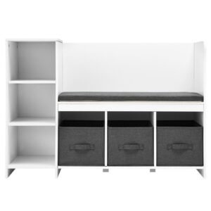 Kids Reading Nook Bench, Toddler Bookshelf and Bookcase with Detachable Seat Cushion, 6-Cubby Storage Organizer Bench with 3 Drawers, Ideal for Playroom, Bedroom, Living Room or Entryway, White