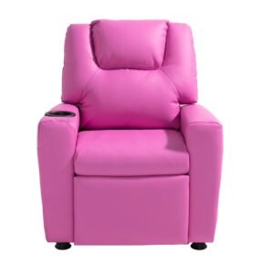 Kids Reclining Chair, Toddler Recliner with Cup Holder, 101° to 121° Adjustable Backrest, Easy-to-Clean PU Leather Recliner Couch with Footrest, 90 lbs Load, for Boys & Girls, Children (Pink)