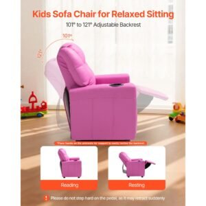 kids reclining chair toddler recliner with cup holder 101 to 121 adjustable backrest easy to clean pu leather recliner couch with footrest 90 lbs load for boys girls children pink 13.jpg