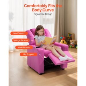 kids reclining chair toddler recliner with cup holder 101 to 121 adjustable backrest easy to clean pu leather recliner couch with footrest 90 lbs load for boys girls children pink 16.jpg
