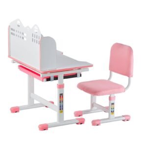 Kids Study Chair and Desk Set, Study Desk and Chair for Kids with Bookshelf and Storage Drawer, Adjustable Height Kids Study Desk with Chair, Children Study Table for Bedroom & Study Room, Pink
