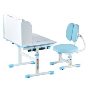 Kids Study Chair and Desk Set, Study Desk and Chair for Kids with Bookshelf & Storage Drawer, Adjustable Height & 0-40° Tilted Desktop Desk and Chair, Study Table for Bedroom & Study Room, Blue