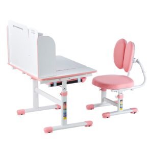 Kids Study Chair and Desk Set, Study Desk and Chair for Kids with Bookshelf & Storage Drawer, Adjustable Height & 0-40° Tilted Desktop Desk and Chair, Study Table for Bedroom & Study Room, Pink