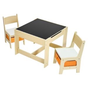 Kids Table and 2 Chairs Set, Toddler Table and Chair Set with Storage Space under the Table, Cloth Storage Box under the Chairs, Wooden Desk for Art, Craft, Reading, Learning, Drawing, Burlywood
