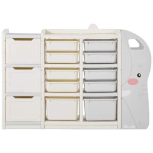 Kids Toy Storage, 4-Tier Elephant-Shape Toy Storage Organizer with 10 Plastic Movable Bins, Kids Cubby Cabinet Made from HDPE for Study Room, Bedroom, Playroom, Classroom, Nursery, Gray + Beige
