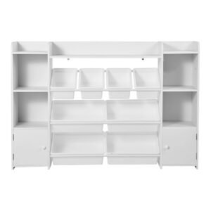 Kids Toy Storage and Bookshelf, 4-Tier Large Toy Storage Organizer with 8 Flexible Plastic Bins, Kids Cubby Cabinet with Bookshelf for Study Room, Bedroom, Playroom, Classroom, Nursery, White