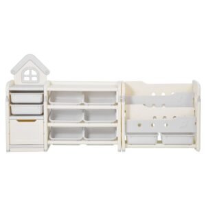 Kids Toy Storage with Bookshelf, 4-Tier Toy Storage Organizer with 10 Movable Plastic Bins, Kids Cubby Cabinet with Bookshelf for Study Room, Bedroom, Playroom, Classroom, Nursery, Gray + Beige