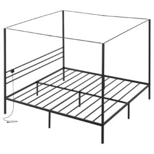 King Size Canopy Bed Frame, Metal Canopy Bed with Charging Station and Four Posters Design, Heavy Duty Steel Slats Support, Underbed Storage Space, No Box Spring Needed, Easy Assembly, Black