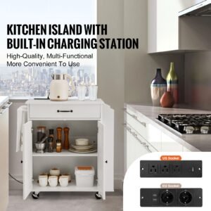 Kitchen Island Cart, 32" Mobile Carts with Storage Cabinet, Rolling Table with Power Outlet, Spice Rack, Towel Bar, Adjustable Shelf, Drawer, Dining Living Room Portable Islands on Wheels, White