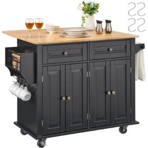 kitchen island cart 43 wood top mobile carts with storage cabinet rolling table with drop leaf spice rack towel bar adjustable shelf drawer and hooks portable islands on wheels black 5.jpg