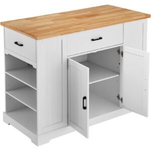 kitchen island cart 46 wood top breakfast bar with storage cabinet farmhouse kitchen table with adjustable shelf drawer for dining kitchen living room white 1.jpg