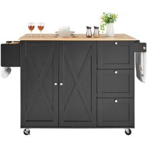 kitchen island cart 56 wood top mobile carts with storage cabinet rolling table with drop leaf spice rack towel bar adjustable shelf drawer and hooks portable islands on wheels black 3.jpg