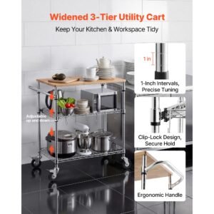 kitchen utility cart 3 tier heavy duty adjustable wire storage rack with wood tabletop and handle bar rolling portable service trolley on wheels 661 lbs steel work table 30x18x36 in 1.jpg