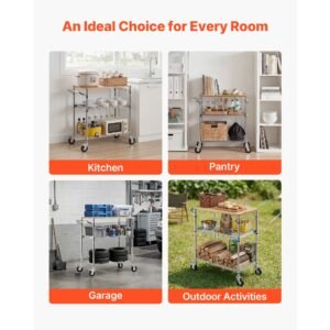 kitchen utility cart 3 tier heavy duty adjustable wire storage rack with wood tabletop and handle bar rolling portable service trolley on wheels 661 lbs steel work table 30x18x36 in 3.jpg