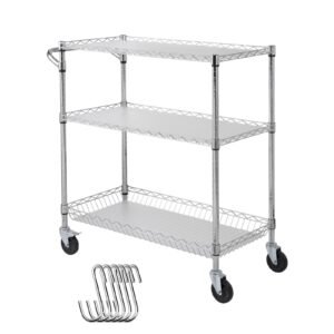 Kitchen Utility Cart, 3 Tiers, Wire Rolling Cart with 661LBS Capacity, Steel Service Cart on Wheels, Metal Storage Trolley with 80mm Basket Curved Handle PP Liner 6 Hooks, for Indoor and Outdoor
