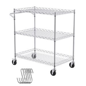 kitchen utility cart 3 tiers wire rolling cart with 661lbs capacity steel service cart on wheels metal storage trolley with 80mm deep basket curved handle 6 hooks for indoor and outdoor use 4.jpg