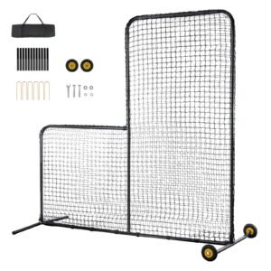 L Screen Baseball for Batting Cage, 7x7 ft Softball Safety Screen, Body Protector Portable Batting Screen with Carry Bag, Wheels, Ground Stakes, Heavy Duty Pitching Net for Pitchers Protection