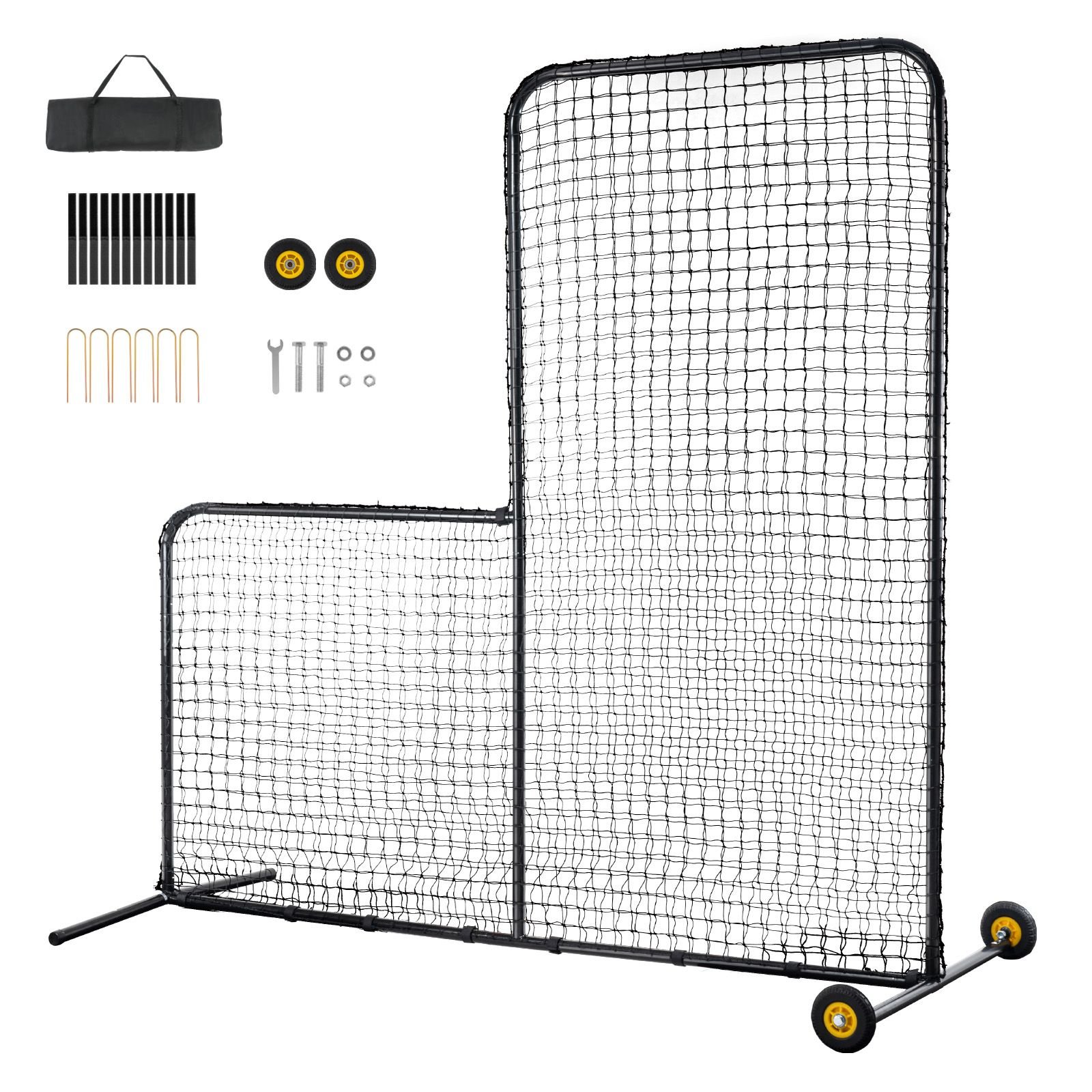 l screen baseball for batting cage, 7x7 ft softball safety screen, body protector portable batting screen with carry bag, wheels, ground stakes, heavy duty pitching net for pitchers protection