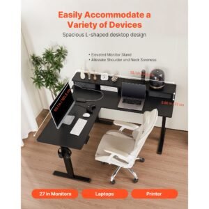 l shaped desk, electric adjustable height corner gaming desk with cpu stand, dual hooks and fabric drawers, l shaped computer table with light strip for home office, easy to assemble, black