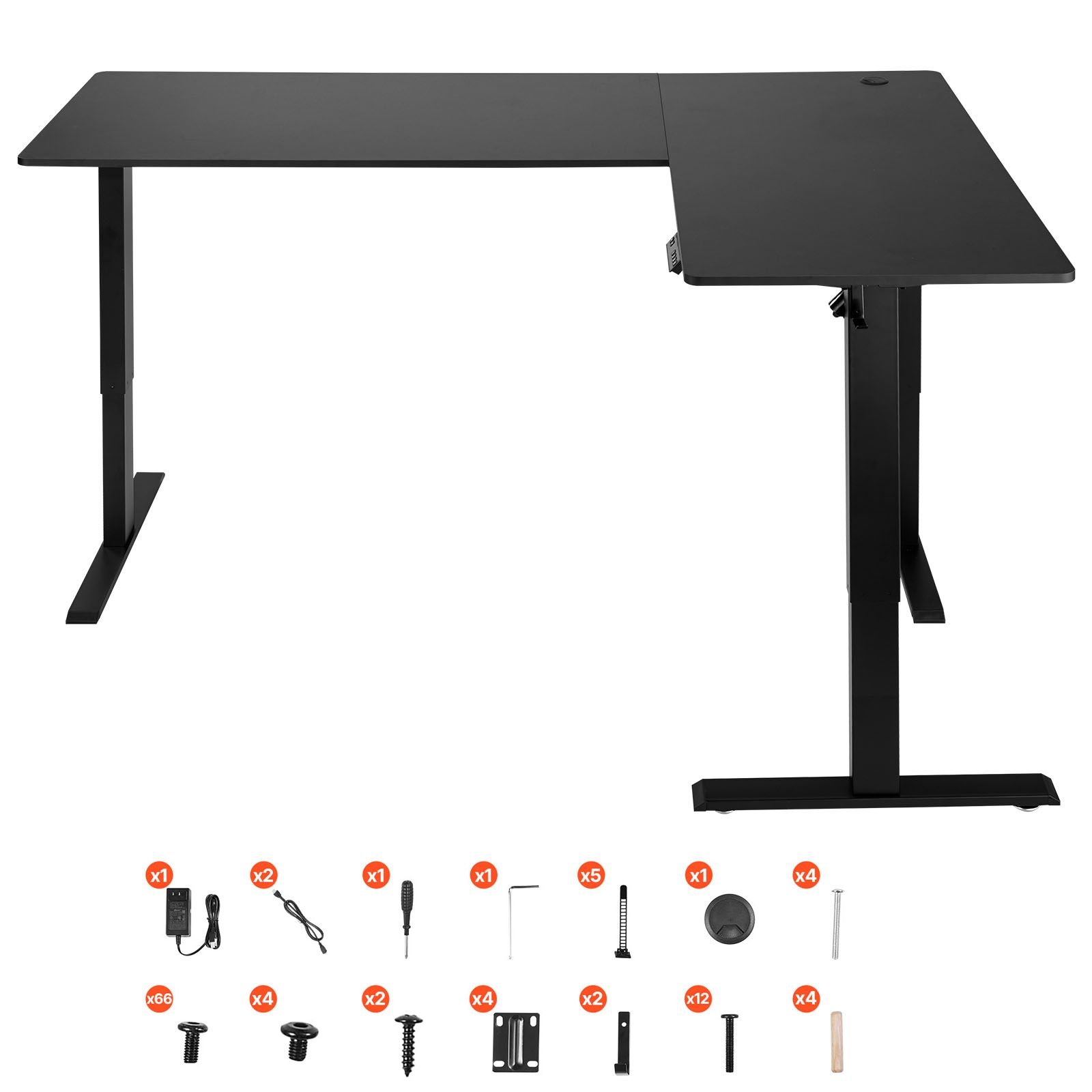 l shaped desk, electric adjustable height corner gaming desk with dual hooks, heavy duty carbon steel l shaped computer table with power outlets for home and office, easy to assemble, black