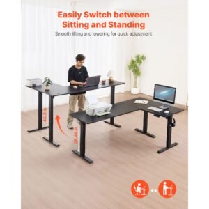 l shaped desk, electric adjustable height corner gaming desk with dual hooks, heavy duty carbon steel l shaped computer table with power outlets for home and office, easy to assemble, black