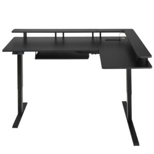 l shaped desk, electric adjustable height corner gaming desk with keyboard tray and dual hooks, heavy duty l shaped computer table with light strip for home office, easy to assemble, black