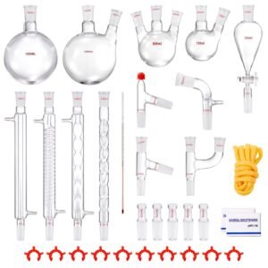 Lab Distillation Kit, 3.3 Boro Lab Glassware Distillation Kit with 24, 40 Joint, 1000ml Essential Oil Distillation Apparatus Kit, 32 pcs Set of Glassware Equipment