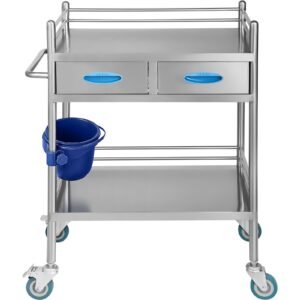 Lab Serving Cart, 2 Layers Stainless Steel Utility Rolling Cart, Medical Cart with Two Drawers, Dental Utility Cart with Lockable Wheels and A Bucket, for Laboratory, Hospital, Dental Use