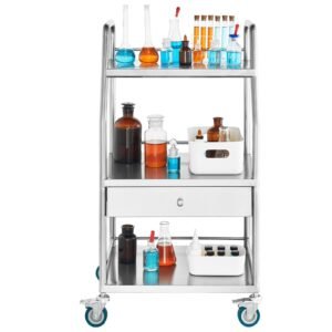 Lab Serving Cart, 3 Layers Stainless Steel Utility Rolling Cart, Medical Cart with A Drawer, Dental Utility Cart with Lockable Wheels, for Laboratory, Hospital, Dental Use