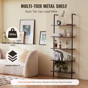 ladder shelf 5 tier bookshelf 24x118in open wall mounted ladder shelf with metal framestorage rack sundries holder for kitchen bedroom bathroom living room black 1.jpg