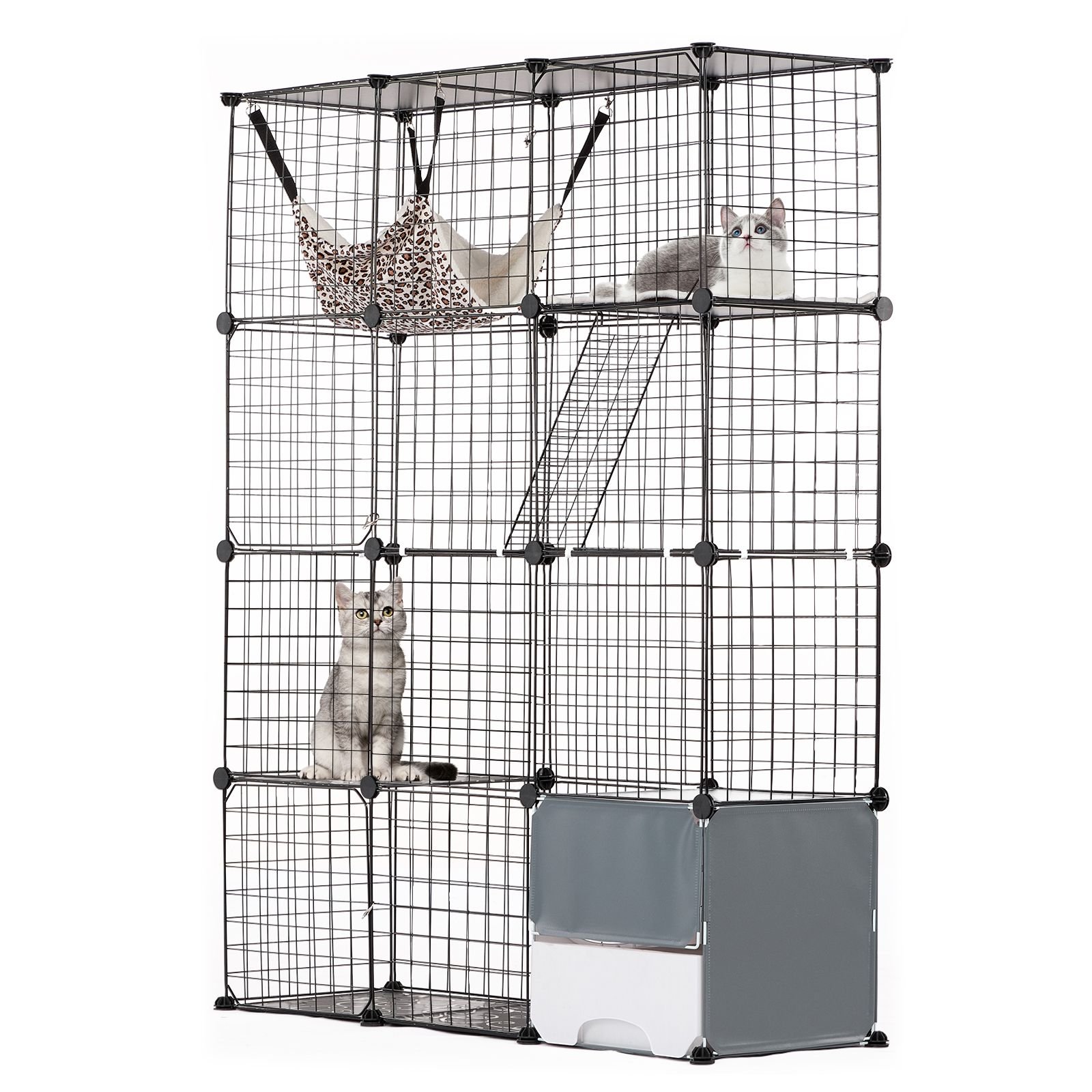 large 4 tier cat cage, 41 x 14 x 55", detachable metal wire cat enclosure, with litter box hammock ramp ladders, indoor & outdoor crate exercise place ideal for kitty, small animals, black