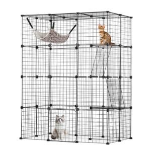 Large 4-tier Cat Cage, 41 x 28 x 55", Detachable Metal Wire Cat Enclosure, with 4 Front Doors Hammock Ramp ladders, Indoor & Outdoor Crate Exercise Place Ideal for Kitty, Small Animals, Black