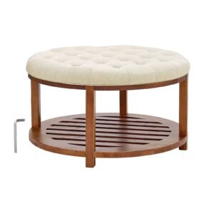 large round ottoman coffee table, 31.9 inch tufted coffee table with solid wood shelf storage, linen solid upholstered footrest ottoman for bedroom living room, 350 lbs, linen color