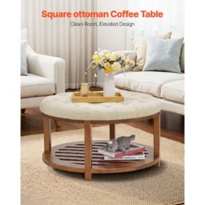large round ottoman coffee table, 31.9 inch tufted coffee table with solid wood shelf storage, linen solid upholstered footrest ottoman for bedroom living room, 350 lbs, linen color