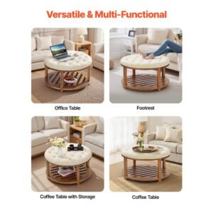 large round ottoman coffee table, 31.9 inch tufted coffee table with solid wood shelf storage, linen solid upholstered footrest ottoman for bedroom living room, 350 lbs, linen color