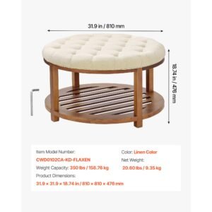 large round ottoman coffee table, 31.9 inch tufted coffee table with solid wood shelf storage, linen solid upholstered footrest ottoman for bedroom living room, 350 lbs, linen color