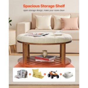 large round ottoman coffee table, 31.9 inch tufted coffee table with solid wood shelf storage, linen solid upholstered footrest ottoman for bedroom living room, 350 lbs, linen color