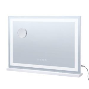 Large Vanity Mirror with Lights and Bluetooth Speaker, Three Color Lighting Modes, Lighted Makeup LED Mirror,5X Magnification,USB,Smart Touch Control,Desktop Wall-Mount (31.5x21.7in, White)