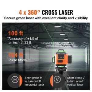 laser level, 100ft, self leveling manual green 4 x 360° cross 16 line laser, ip54 waterproof remote control manual self leveling mode & 5h continuous working time line laser, battery include