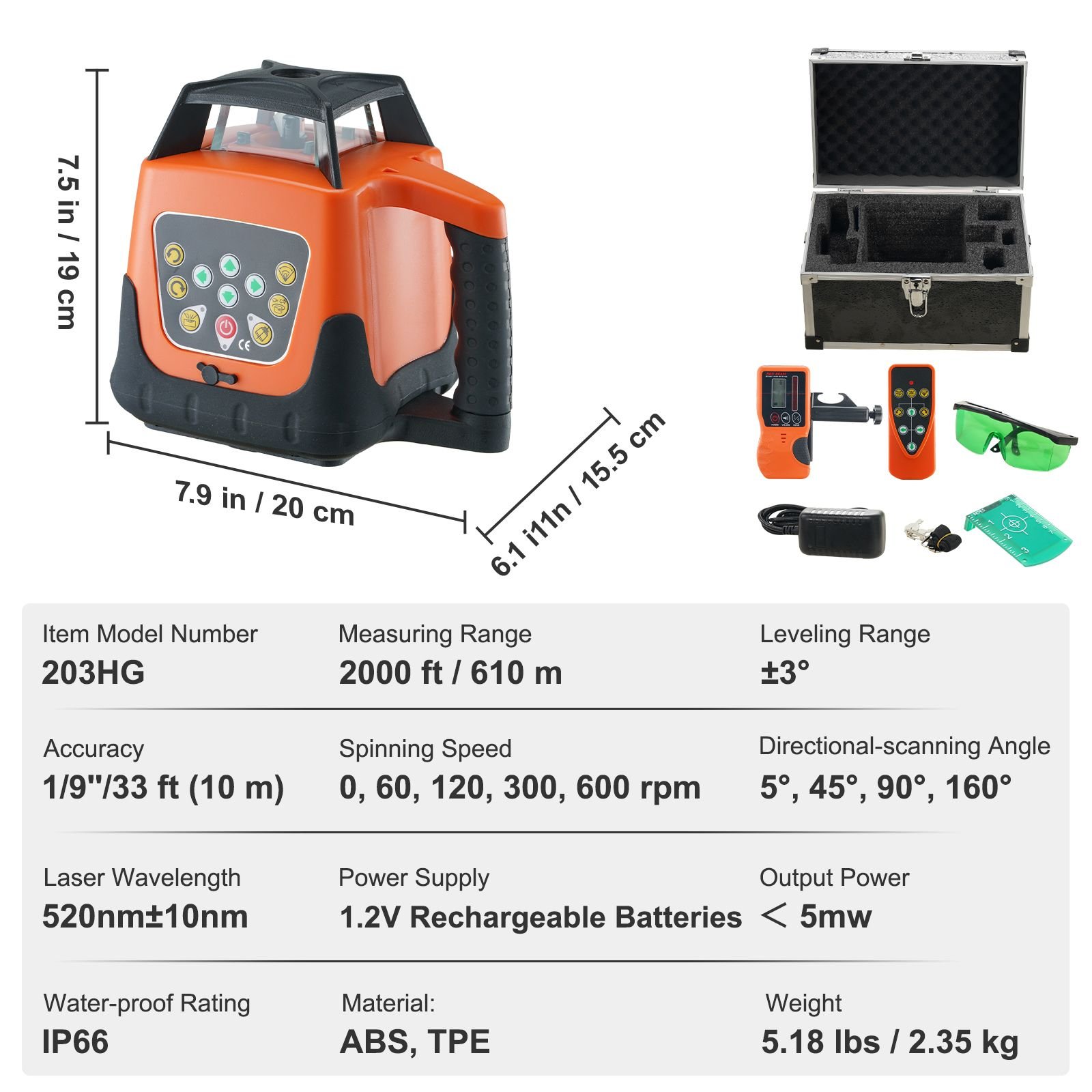 laser level, 2000ft, 360 degree self leveling green cross line laser, 5 rotation speeds & 4 scanning angles adjustment, ip66 waterproof remote control manual self leveling mode, battery included