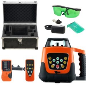 laser level, 2000ft, 360 degree self leveling green cross line laser, 5 rotation speeds & 4 scanning angles adjustment, ip66 waterproof remote control manual self leveling mode, battery included