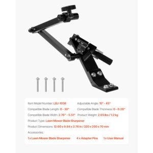 lawn mower blade sharpener, 15° 45° adjustable lawnmower blade sharpening tool with 4 adapter pins, ball bearing design & 25mm enlarged handle, compatible with most angle grinders
