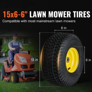 Lawn Mower Tires with Rim, 15x6-6" Tubeless Tractor Tires, 2-Pack Tire and Wheel Assembly, S-Turf Pneumatic Tires, 3" Offset Hub, 3/4" Bushing Size, 16 PCS Adapters for Riding Mower Lawn Tractor