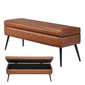 Leather Storage Ottoman Bench, PU Leather Bench with Storage and Metal Legs, Modern Shoe Benches Seat for Entryway, Upholstered End of Bed Benches for Living Room, Dining Room, Hallway, Brown