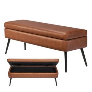 Leather Storage Ottoman Bench, PU Leather Bench with Storage and Metal Legs, Upholstered Shoe Benches Seat for Entryway, Modern End of Bed Benches for Living Room, Dining Room, Hallway, Brown