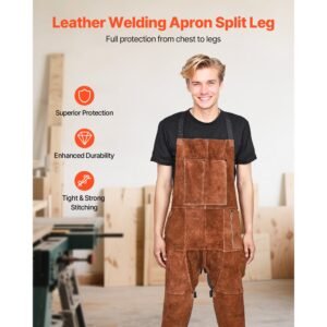 leather welding apron split leg, heavy duty cowhide flame resistant welding pants for men women, heat resistant safety apron with 3 pockets for woodworking, gardening, blacksmithing, m size