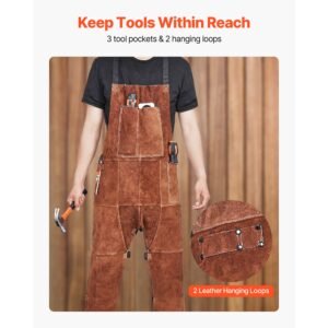 leather welding apron split leg, heavy duty cowhide flame resistant welding pants for men women, heat resistant safety apron with 3 pockets for woodworking, gardening, blacksmithing, m size