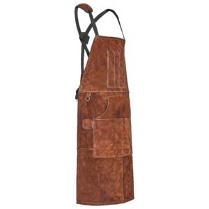 Leather Welding Work Apron, Heavy Duty Cowhide Flame Resistant Welding Apron, Heat-Resistant Blacksmith Welder Aprons with 6 Tool Pockets for Woodworking, Gardening, BBQ