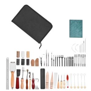 Leather Working Tools Kit, 59 PCS Leather Craft Tools with Portable Canvas Storage Bag, Engraving Punching Sewing Stamping Sanding Tools, Ideal for Beginners DIY Enthusiasts and Professionals